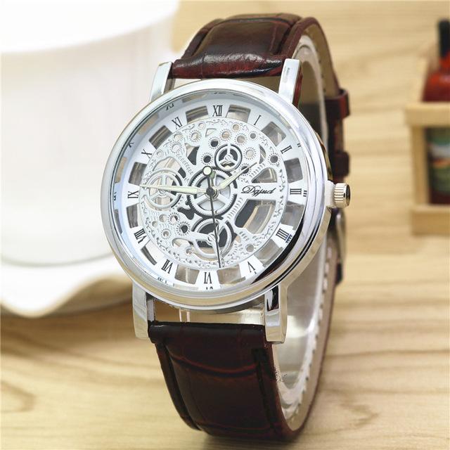 New Watch Men Business Fashion Skeleton Engraving Hollow Reloj Hombre Dress Wristwatch Leather Band Women Clock Relojes Mujer