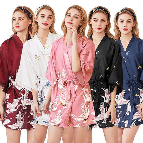 Women Loose Pajamas Haori Satin Crane Kimono Dress Print V-neck Sleep Wear Dress Night Traditional Japanese Style Yukata Robe