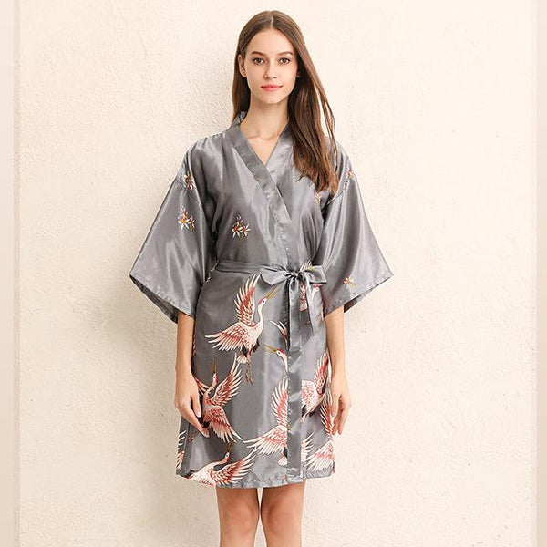 Women Loose Pajamas Haori Satin Crane Kimono Dress Print V-neck Sleep Wear Dress Night Traditional Japanese Style Yukata Robe