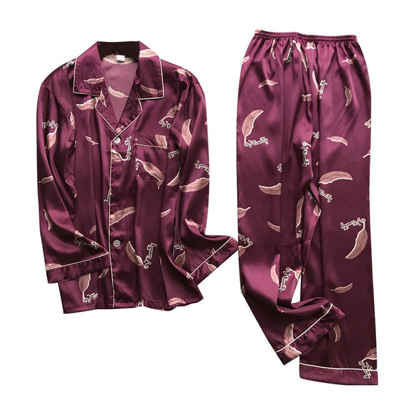 Men Simulation Silk Pajamas Lingerie Print Long Sleeve Long Sleep Pants Set sleep wear dress home home clothes pajamas
