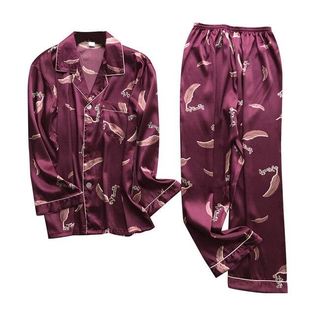 Men Simulation Silk Pajamas Lingerie Print Long Sleeve Long Sleep Pants Set sleep wear dress home home clothes pajamas