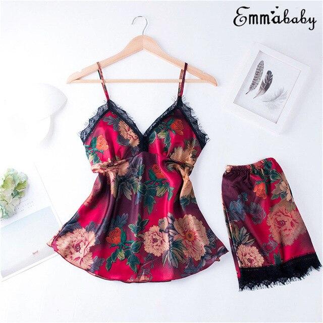 HIRIGIN Satin Lingerie Robe Sets Nightie Nightwear Night Dress Silk Lace 2pcs Sleep Suit