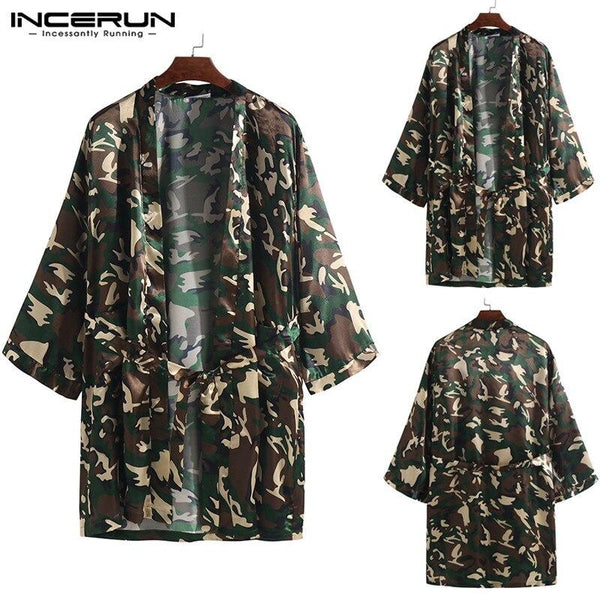 2019 Camouflage Print Men Robes Lounge Silk Satin 3/4 Sleeve Sleepwear Nightgown Breathable Homewear Men Robes Pajamas INCERUN