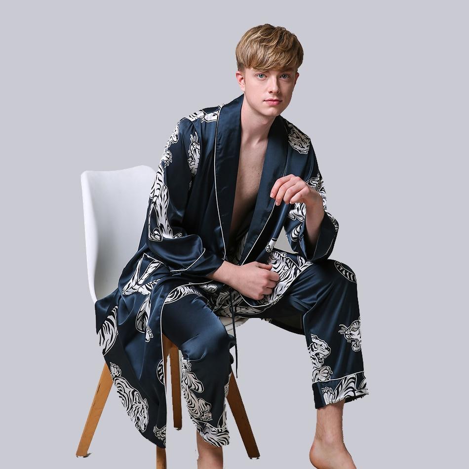 Two-Pieces Silk Nightgown Satin male Sleepwear Loose Tiger Dress Silky Long Sleeve Robe and Long Pants bathrobe set for Men