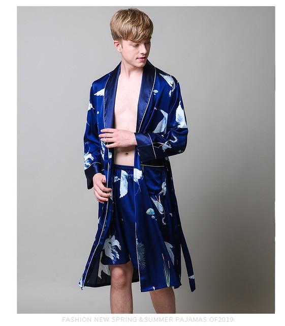 Two-Pieces Silk Nightgown Satin male Sleepwear Loose Tiger Dress Silky Long Sleeve Robe and Long Pants bathrobe set for Men