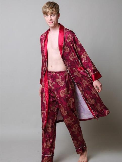 Two-Pieces Silk Nightgown Satin male Sleepwear Loose Tiger Dress Silky Long Sleeve Robe and Long Pants bathrobe set for Men