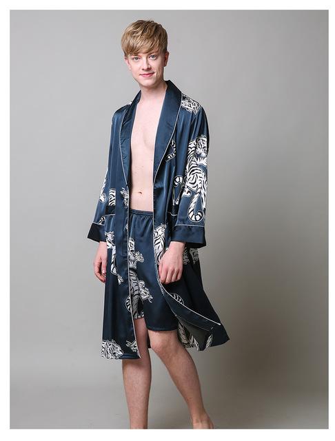 Two-Pieces Silk Nightgown Satin male Sleepwear Loose Tiger Dress Silky Long Sleeve Robe and Long Pants bathrobe set for Men