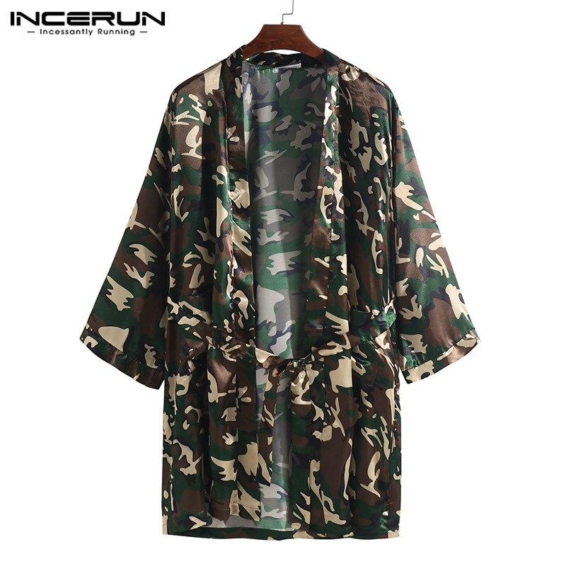 INCERUN Camouflage Print Men Robes Silk Satin 3/4 Sleeve Sleepwear Pajamas Homewear Breathable Nightgown Lounge Men Robes 2019