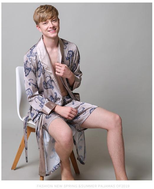 Two-Pieces Silk Nightgown Satin male Sleepwear Loose Tiger Dress Silky Long Sleeve Robe and Long Pants bathrobe set for Men