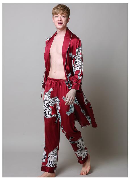 Two-Pieces Silk Nightgown Satin male Sleepwear Loose Tiger Dress Silky Long Sleeve Robe and Long Pants bathrobe set for Men