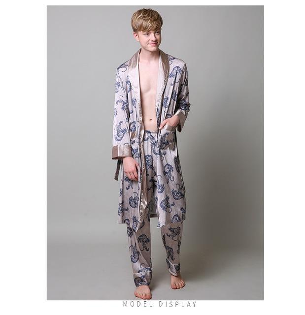 Two-Pieces Silk Nightgown Satin male Sleepwear Loose Tiger Dress Silky Long Sleeve Robe and Long Pants bathrobe set for Men