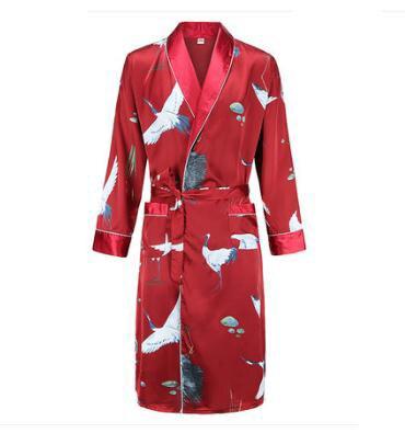 High Quality Silk Nightgown Sleepwear Loose Large-Size Dragon Dress Silky Long Sleeve mid-length bathrobe Home Suit for Men