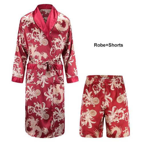 High Quality Silk Nightgown Sleepwear Loose Large-Size Dragon Dress Silky Long Sleeve mid-length bathrobe Home Suit for Men