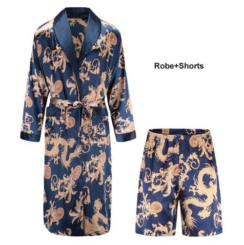 High Quality Silk Nightgown Sleepwear Loose Large-Size Dragon Dress Silky Long Sleeve mid-length bathrobe Home Suit for Men