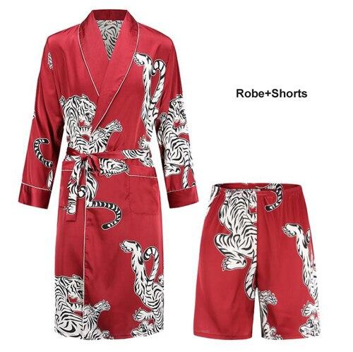 High Quality Silk Nightgown Sleepwear Loose Large-Size Dragon Dress Silky Long Sleeve mid-length bathrobe Home Suit for Men