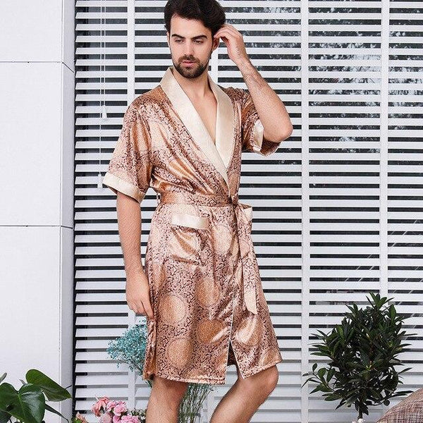 Silk Nightgown Robe For Men Summer Short-Sleeve Kimono Pajamas Bath robe Mens Print Plus Size 5XL Satin Home Clothes Man