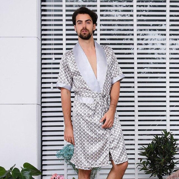 Silk Nightgown Robe For Men Summer Short-Sleeve Kimono Pajamas Bath robe Mens Print Plus Size 5XL Satin Home Clothes Man