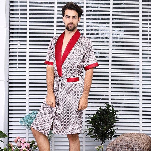 Silk Nightgown Robe For Men Summer Short-Sleeve Kimono Pajamas Bath robe Mens Print Plus Size 5XL Satin Home Clothes Man