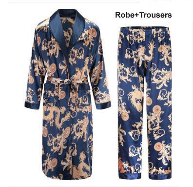 High Quality Silk Nightgown Sleepwear Loose Large-Size Dragon Dress Silky Long Sleeve mid-length bathrobe Home Suit for Men