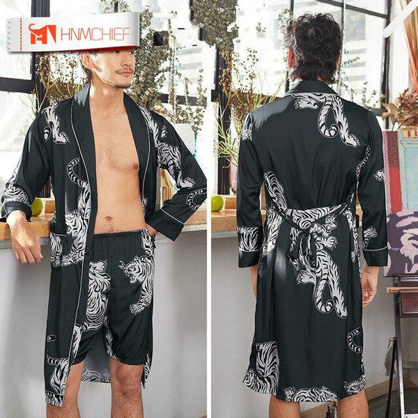 HNNMCHIEF Silk Nightgown Satin Male Sleepwear Loose Animal Silky Long Sleeve Robe Bathrobe Set for Men Thin Ice Silk Lace