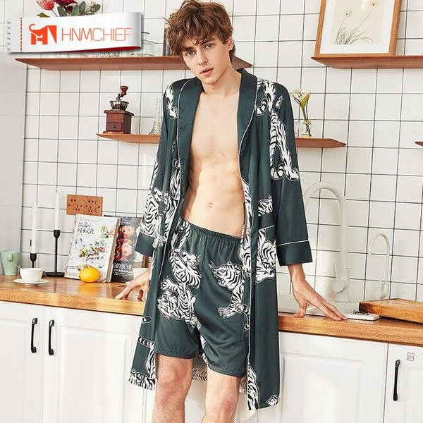 HNNMCHIEF Silk Nightgown Satin Male Sleepwear Loose Animal Silky Long Sleeve Robe Bathrobe Set for Men Thin Ice Silk Lace