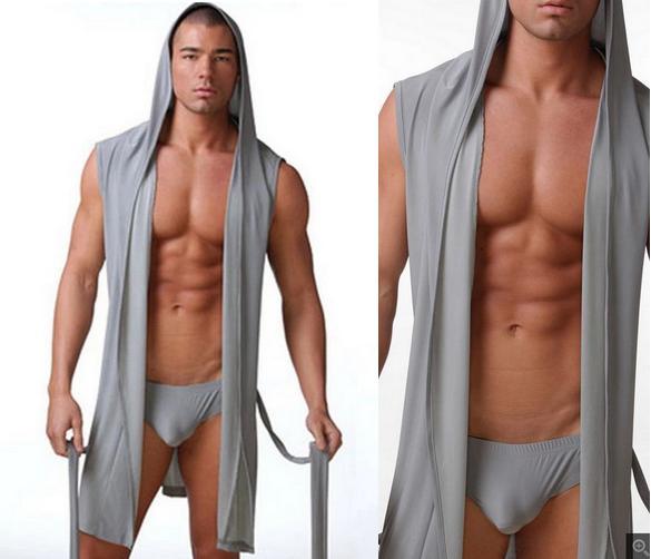 Men's Hooded Bathrobe Underwear Silk Soft Nightgown Plus Size Pajamas Men Sexy Sleeveless Kimono Robes Homer Wear 4XL