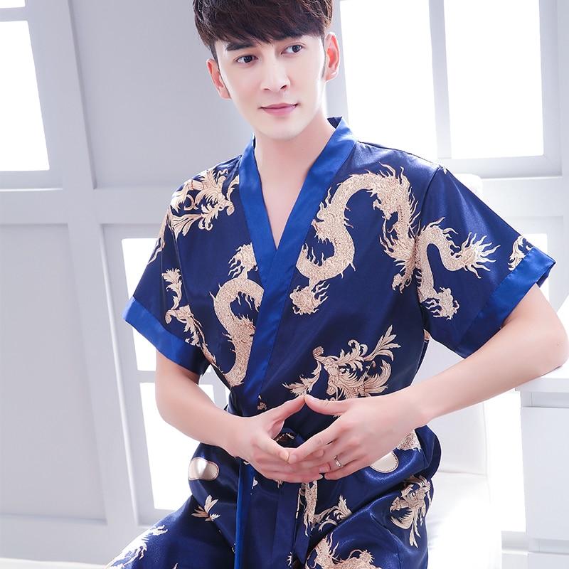 2019 summer men sexy silk kimono bathrobe gown chinese style male robe nightgown sleepwear plus