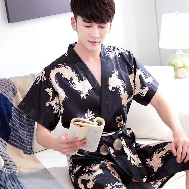 2019 summer men sexy silk kimono bathrobe gown chinese style male robe nightgown sleepwear plus