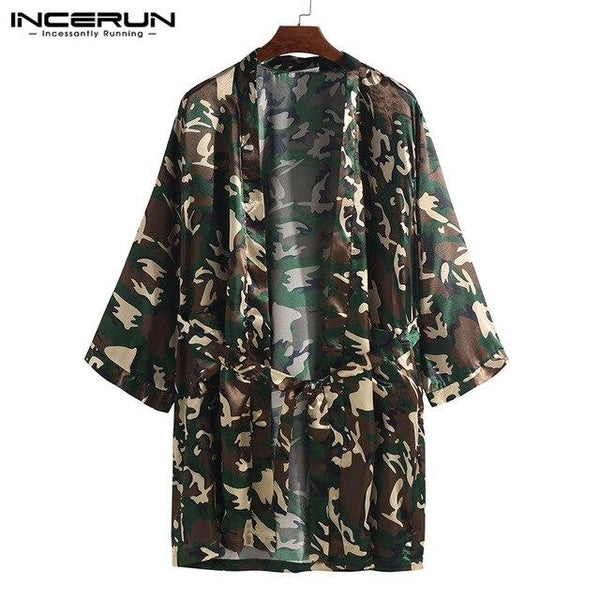 INCERUN Camouflage Print Robes Men Sleepwear 3/4 Sleeve Silk Satin Lounge Men Homewear Robes 2019 Soft Comfort Pajamas Nightgown