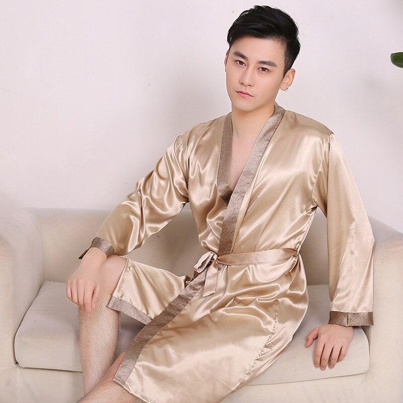 2019 summer men's silk satin bathrobe robe long solid silk pajamas men silk nightgown sleepwear kimono homme dressing