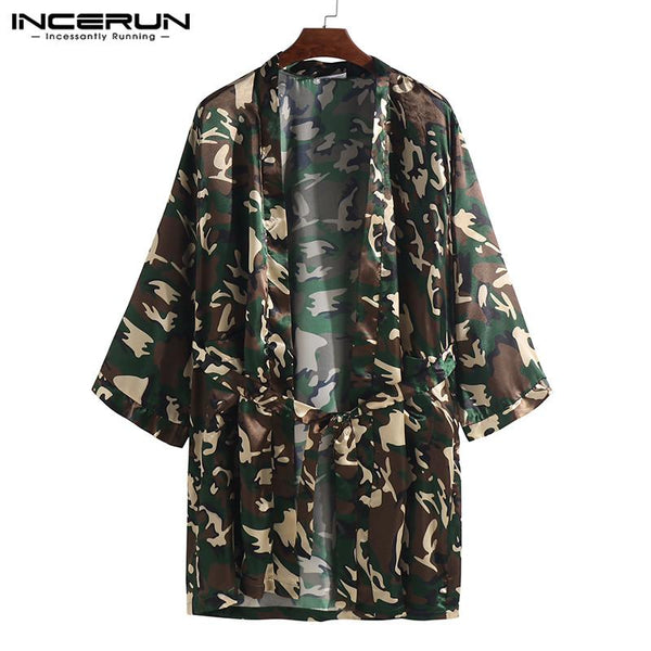 INCERUN Silk Satin Camouflage Print Men Robes Sleepwear Lounge 3/4 Sleeve Homewear Breathable Men Nightgown Pajamas Robe 2019
