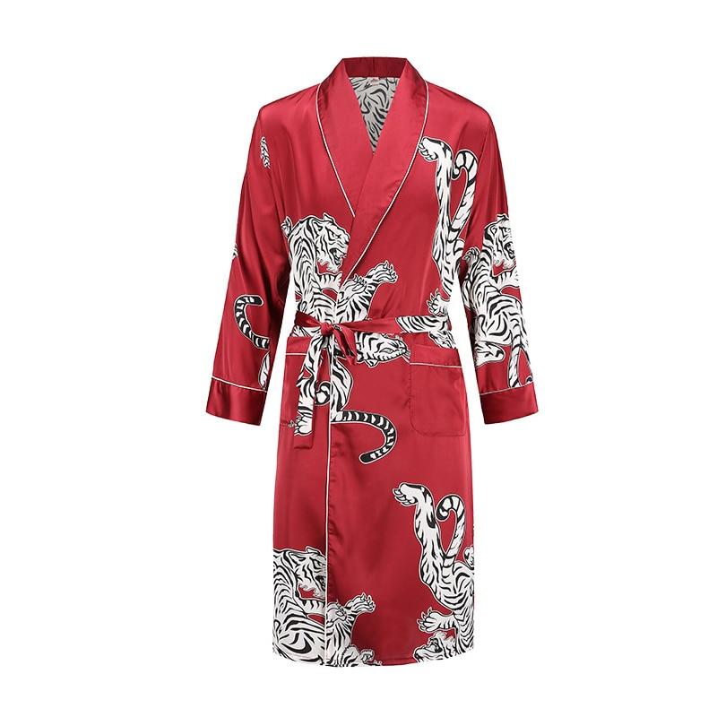 Silk nightgown Men's summer thin bathrobe Tiger nightgown Loose wedding robesilky long sleeve Sleeprobe Plus Size home wear