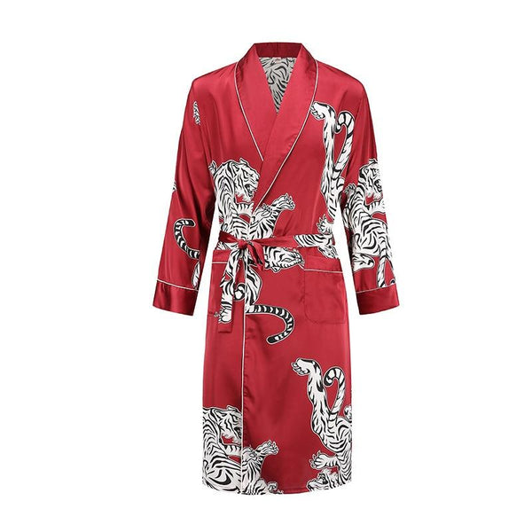 Silk nightgown Men's summer thin bathrobe Tiger nightgown Loose wedding robesilky long sleeve Sleeprobe Plus Size home wear