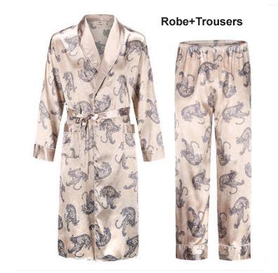 Silk nightgown Men's summer thin bathrobe Tiger nightgown Loose wedding robesilky long sleeve Sleeprobe Plus Size home wear