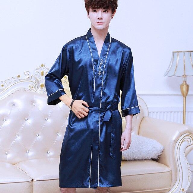 2019 summer men's silk bathrobe robe long solid silk pajamas men silk nightgown sleepwear kimono homme dressing