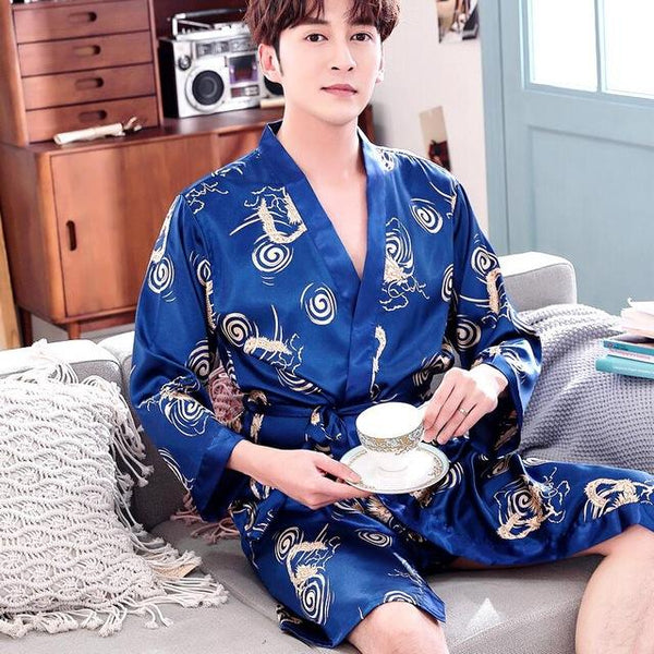 2019 summer mens silk pajamas pajama pyjamas pjs sleepwear robe robes nightgown robes plus beige blue striped