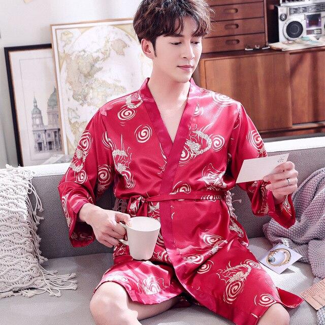 2019 summer mens silk pajamas pajama pyjamas pjs sleepwear robe robes nightgown robes plus beige blue striped