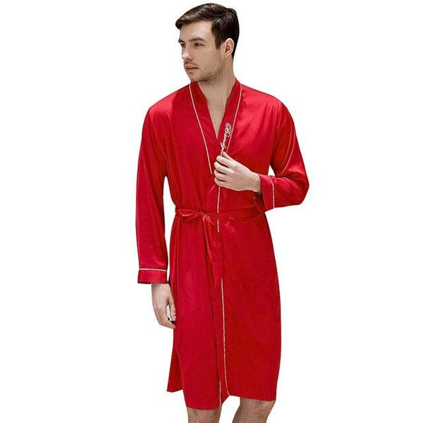 Faux Silk Comfortable Sleepwear Men v Neck Leisure Waist Belt Nightgown Faux Silk Spring And Autumn Home Clothe