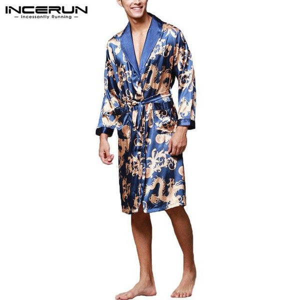 INCERUN Men Pajamas Bathrobe Robes Faux Silk Long Sleeve Nightgown Chinese Dragon Print Kimono Comfy Men Homewear Sleepwear 2019