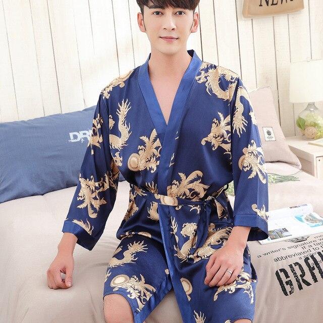 2019 summer navy blue chinese men's robe kimono faux silk bath gown bathrobe nightgown sleepwear hombre pijama