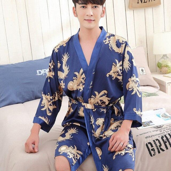 2019 summer navy blue chinese men's robe kimono faux silk bath gown bathrobe nightgown sleepwear hombre pijama