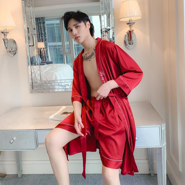 2019 summer chinese men's robe kimono faux silk bath gown bathrobe nightgown sleepwear hombre pijama