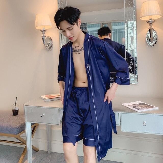 2019 summer chinese men's robe kimono faux silk bath gown bathrobe nightgown sleepwear hombre pijama