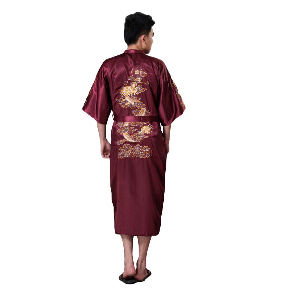 Plus Size 3XL Burgundy Men Kimono Bath Gown Embroidery Dragon Nightgown Sleepwear Pijamas Chinese Style Male Silk Satin Robe