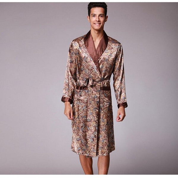 Spring Autumn Sleepwear Luxury Bathrobe Nightgown Mens Print Plus Size Silk Satin Pajamas Kimono Male Nightgown Chinese Silk Rob