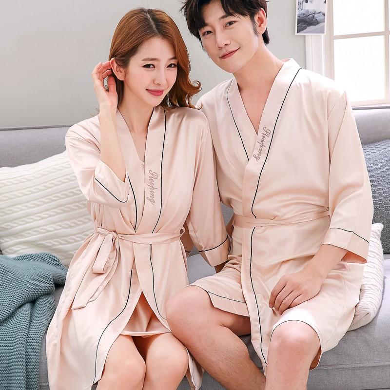 2019 summer nightgown sleepshirts men kimono robe faux silk bath gown sleepwear lounge casual silky nightwear female dress