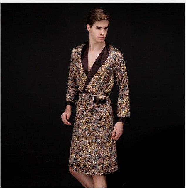 Spring Autumn Sleepwear Luxury Bathrobe Nightgown Mens Print Plus Size Silk Satin Pajamas Kimono Male Nightgown Chinese Silk Rob
