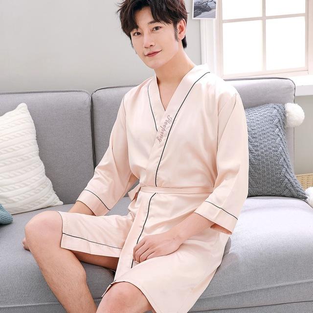 2019 summer nightgown sleepshirts men kimono robe faux silk bath gown sleepwear lounge casual silky nightwear female dress