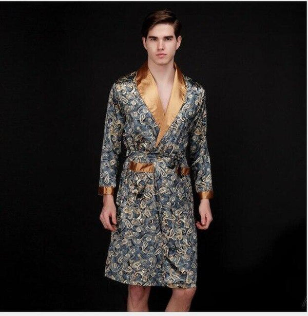 Spring Autumn Sleepwear Luxury Bathrobe Nightgown Mens Print Plus Size Silk Satin Pajamas Kimono Male Nightgown Chinese Silk Rob