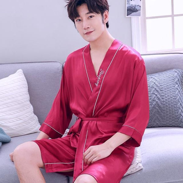 2019 summer nightgown sleepshirts men kimono robe faux silk bath gown sleepwear lounge casual silky nightwear female dress